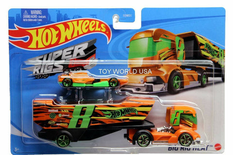 Hot Wheels Toy Car & Truck, Super Rigs 1:64 Scale Race Car & Matching Semi Truck Transporter (Styles May Vary)--سيارة وشاحنة لعبة سيارة سباق بمقياس 1:64 وشاحنة نقل شبه مطابقة (قد تختلف التصاميم)